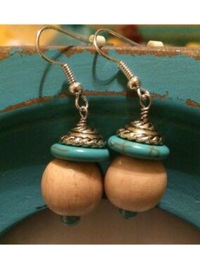 Handcrafted Turquoise & Wood Acorn Hook Earrings